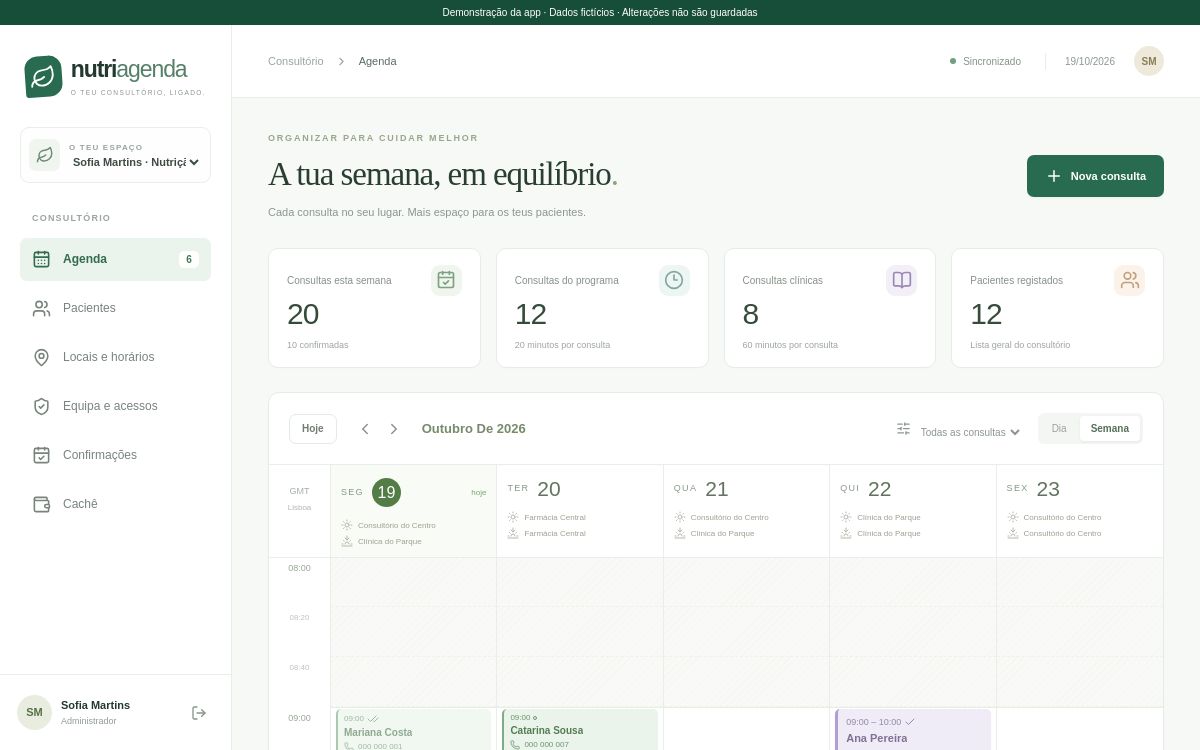 Interface real da NutriAgenda com agenda semanal, consultas de 20 e 60 minutos e locais de consulta. Dados fictícios.